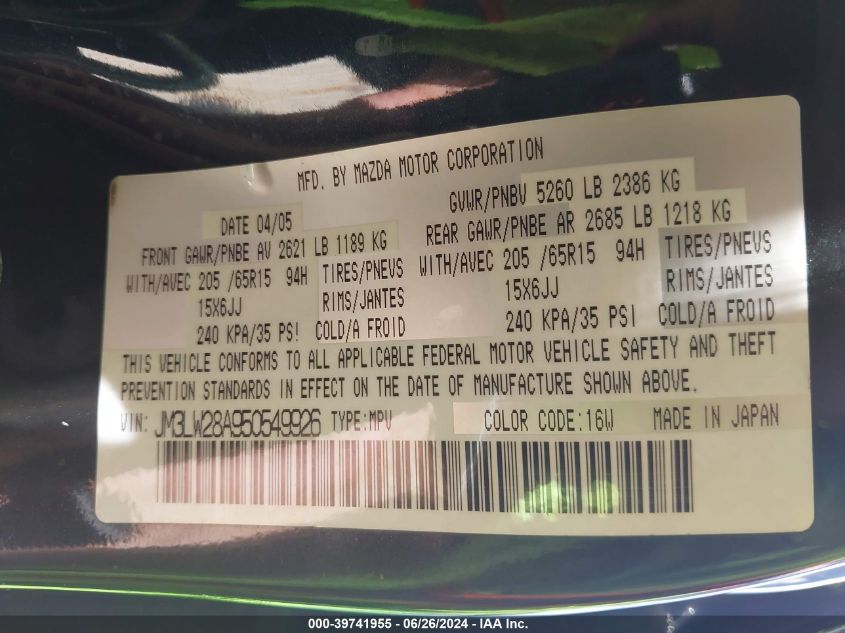 2005 Mazda Mpv Lx-Sv VIN: JM3LW28A950549926 Lot: 39741955