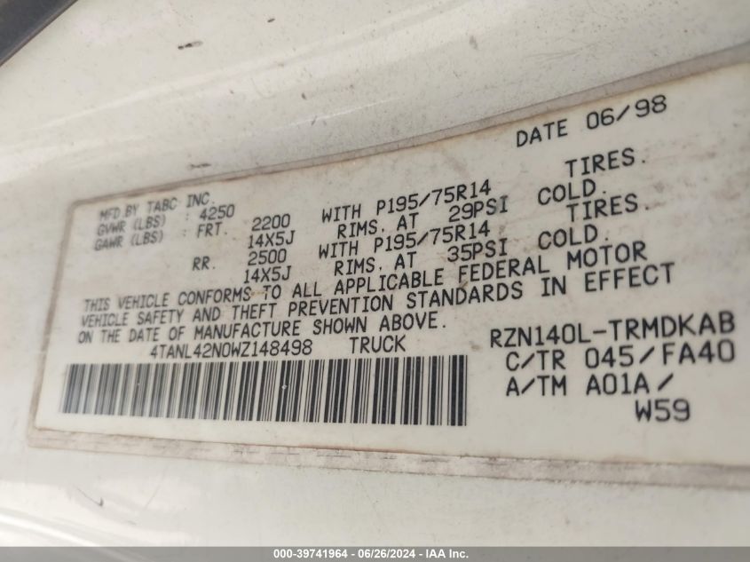 1998 Toyota Tacoma VIN: 4TANL42N0WZ148498 Lot: 39741964
