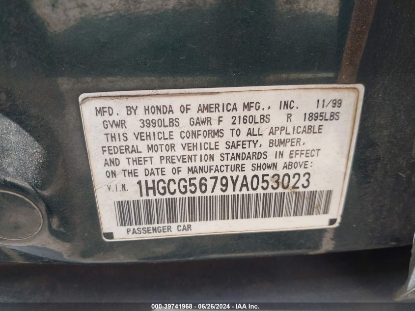 1HGCG5679YA053023 2000 Honda Accord 2.3 Se