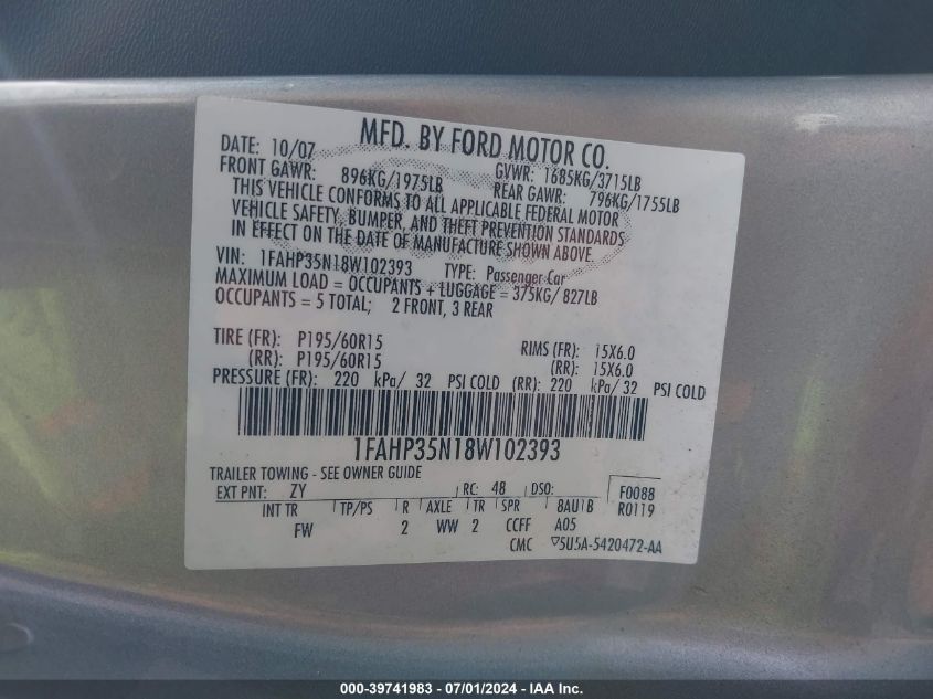 2008 Ford Focus Se/Ses VIN: 1FAHP35N18W102393 Lot: 39741983