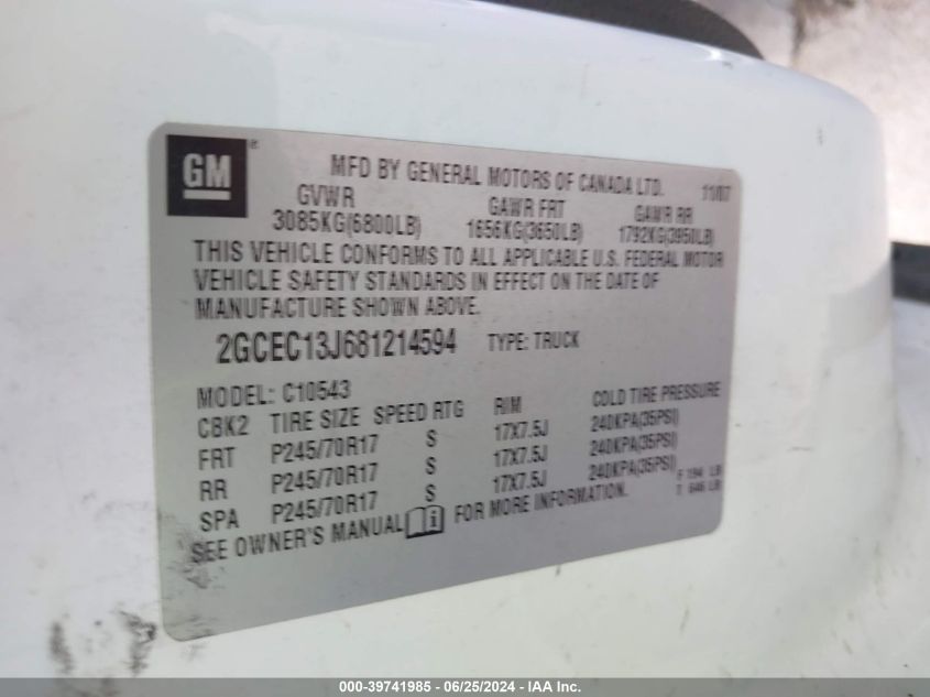 2008 Chevrolet Silverado 1500 Lt1 VIN: 2GCEC13J681214594 Lot: 39741985