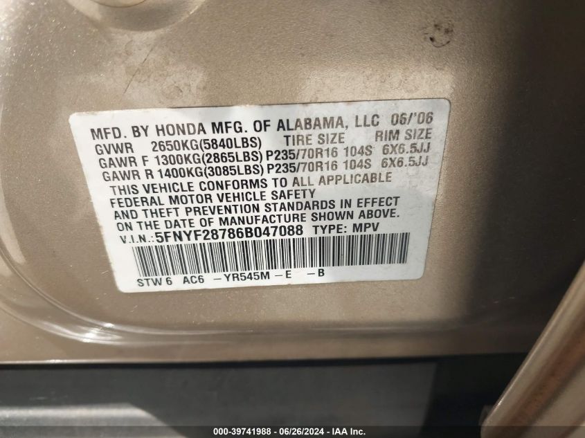 2006 Honda Pilot Ex-L VIN: 5FNYF28786B047088 Lot: 39741988