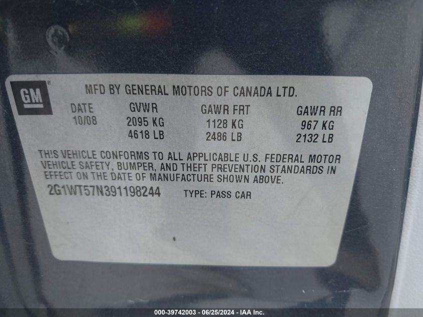 2009 Chevrolet Impala Lt VIN: 2G1WT57N391198244 Lot: 39742003