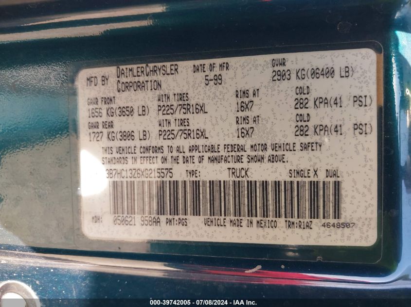 1999 Dodge Ram 1500 St VIN: 3B7HC13Z6XG215575 Lot: 39742005