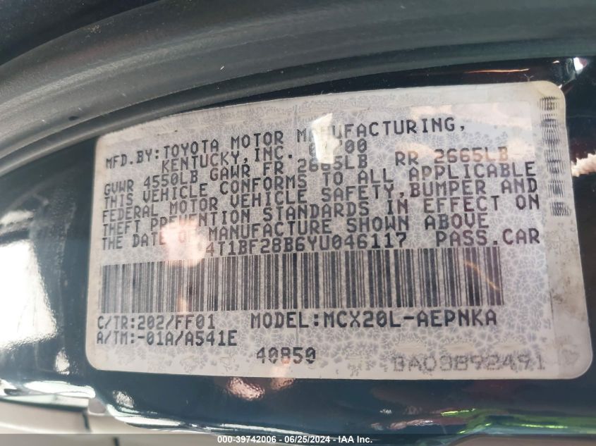 2000 Toyota Avalon Xl VIN: 4T1BF28B6YU046117 Lot: 39742006