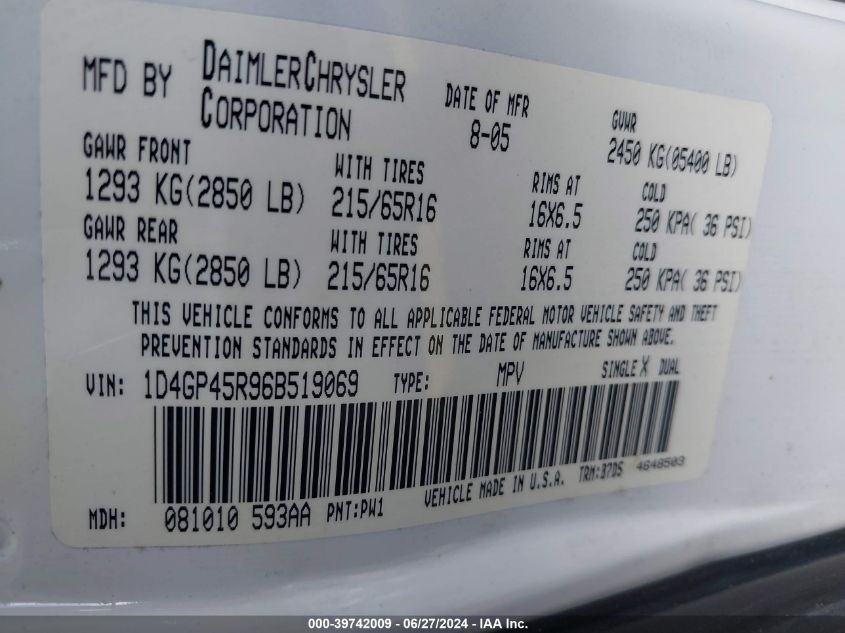 2006 Dodge Caravan Sxt VIN: 1D4GP45R96B519069 Lot: 39742009