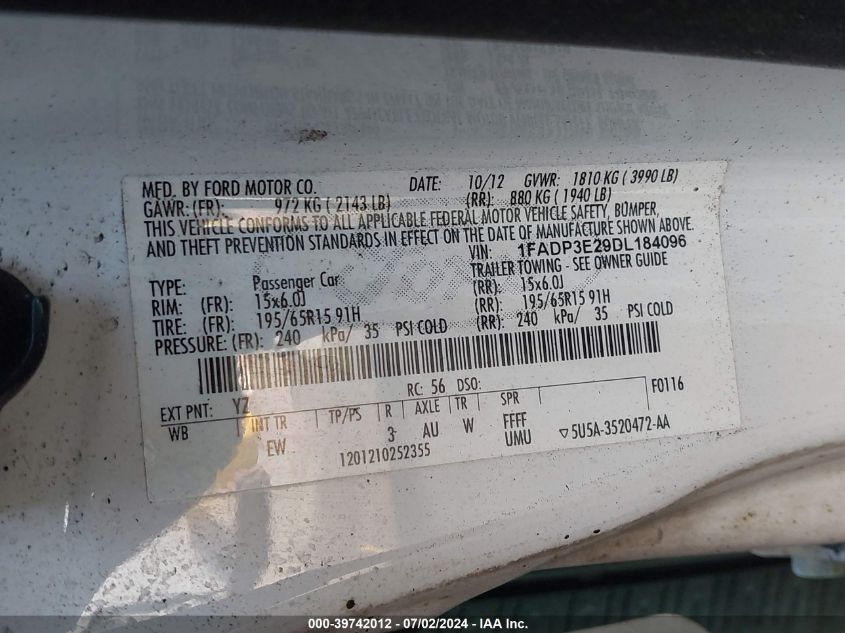 2013 Ford Focus S VIN: 1FADP3E29DL184096 Lot: 39742012