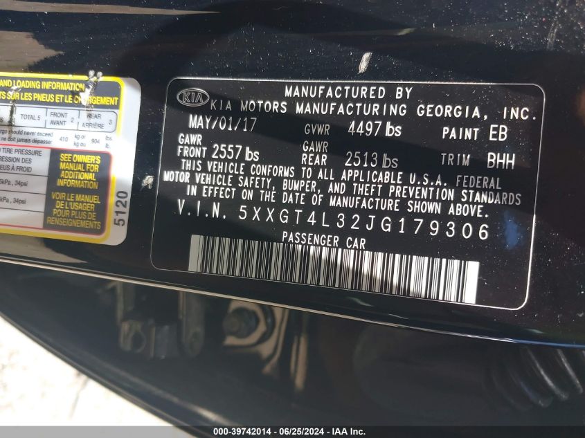 2018 Kia Optima Lx VIN: 5XXGT4L32JG179306 Lot: 39742014