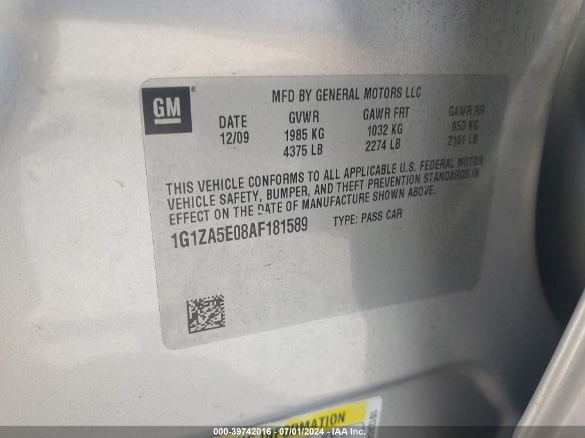 2010 Chevrolet Malibu Ls VIN: 1G1ZA5E08AF181589 Lot: 39742016