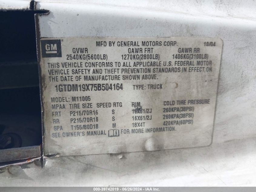 2005 GMC Safari Standard VIN: 1GTDM19X75B504164 Lot: 39742019