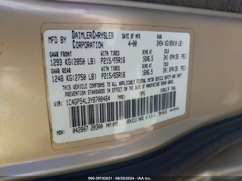 2000 Chrysler Town & Country Lxi VIN: 1C4GP54L3YB708464 Lot: 39742021