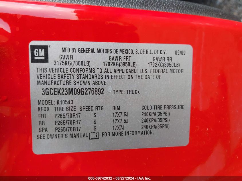 2009 Chevrolet Silverado 1500 Lt VIN: 3GCEK23M09G276892 Lot: 39742032