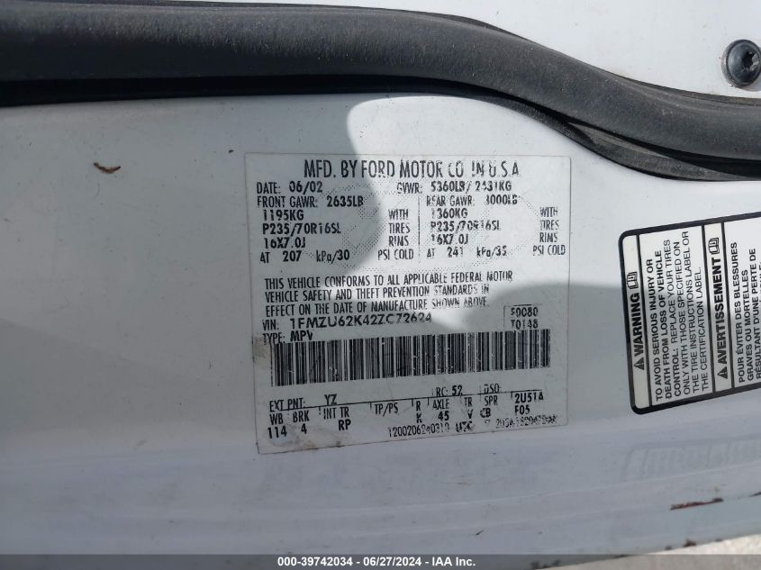 2002 Ford Explorer Xls VIN: 1FMZU62K42ZC72624 Lot: 39742034
