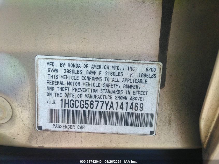 2000 Honda Accord 2.3 Se VIN: 1HGCG5677YA141469 Lot: 39742040