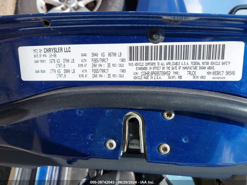 2009 Dodge Ram 1500 Slt/Sport/Trx VIN: 1D3HB18P69S728452 Lot: 39742043