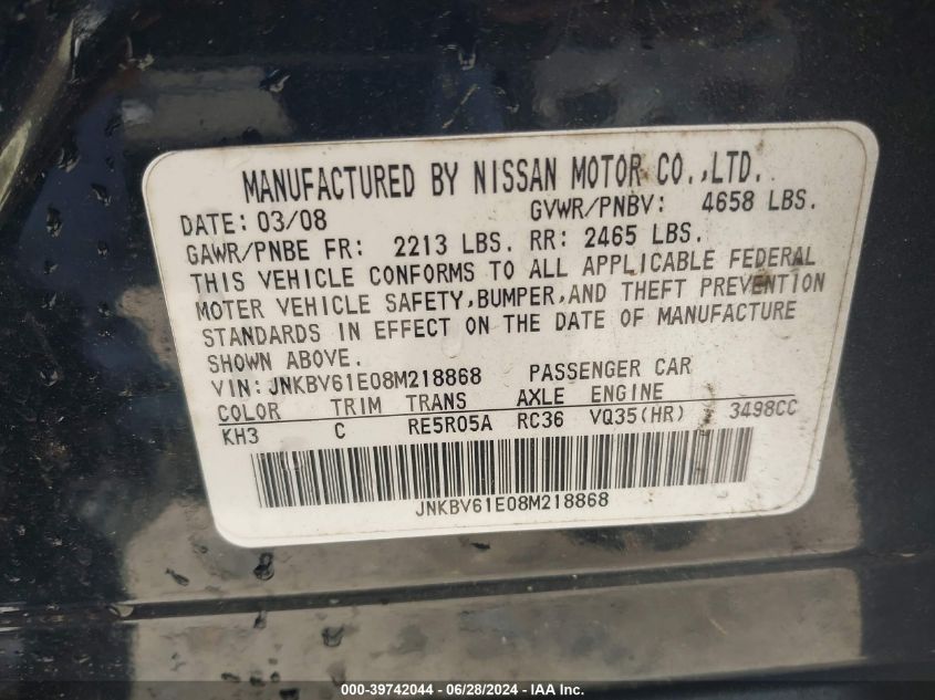 2008 Infiniti G35 Journey VIN: JNKBV61E08M218868 Lot: 39742044