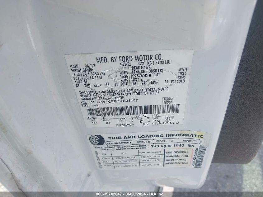 2012 Ford F-150 Xlt VIN: 1FTFW1CF6CKE31157 Lot: 39742047