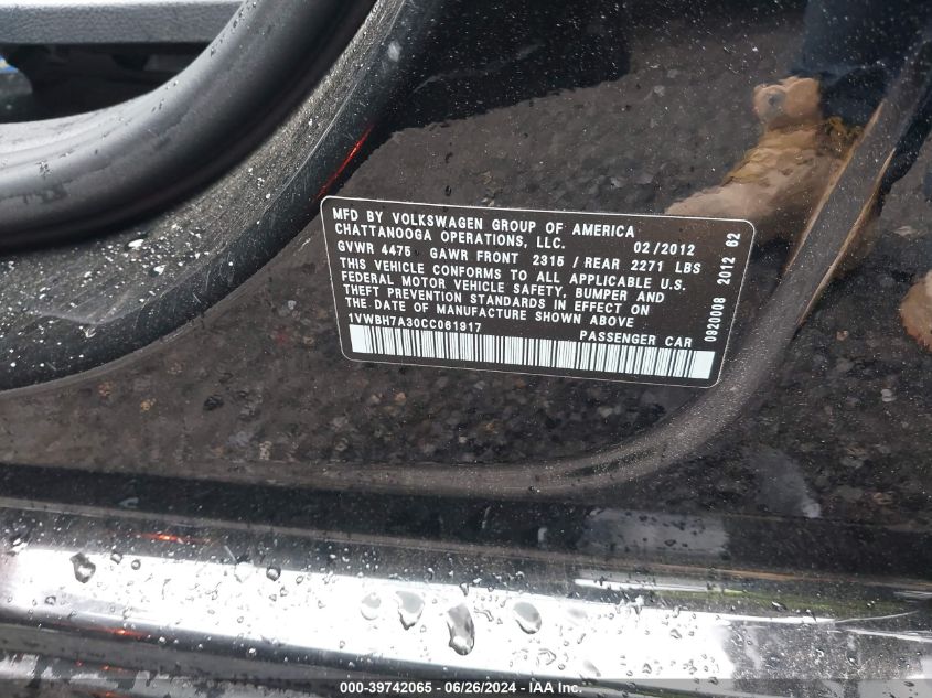 2012 Volkswagen Passat 2.5L Se VIN: 1VWBH7A30CC061917 Lot: 39742065
