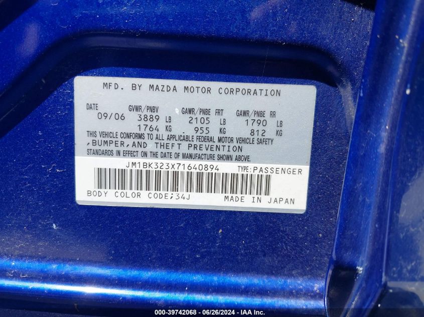 2007 Mazda Mazda3 S Sport VIN: JM1BK323X71640894 Lot: 39742068