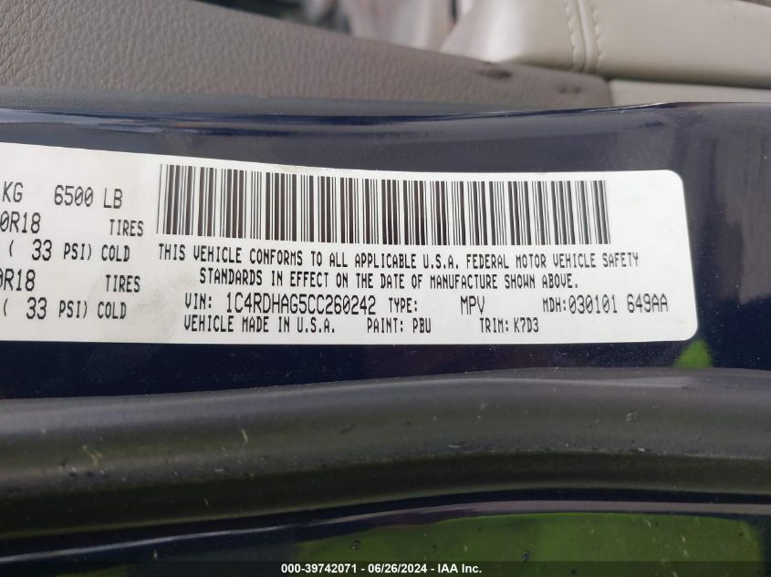 2012 Dodge Durango Sxt VIN: 1C4RDHAG5CC260242 Lot: 39742071