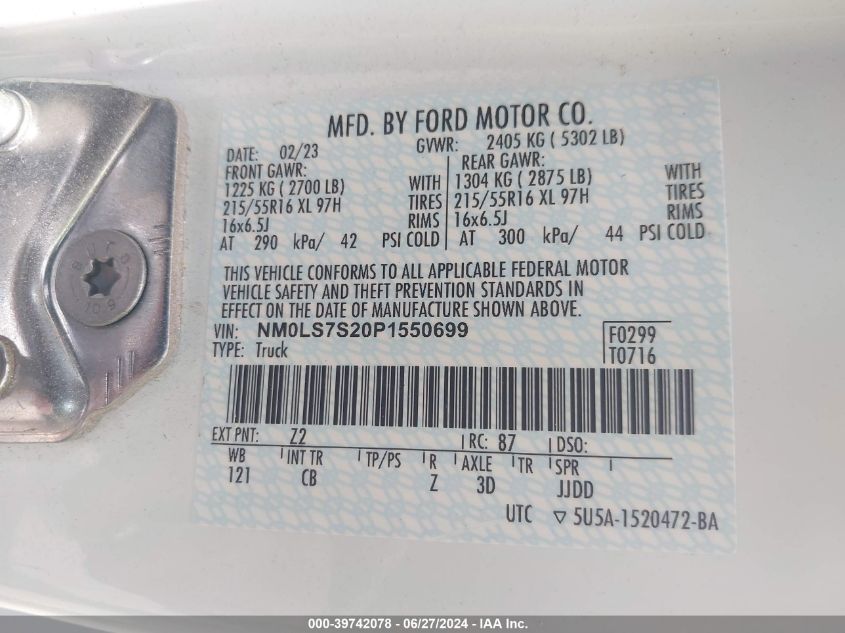 2023 Ford Transit Connect Xl VIN: NM0LS7S20P1550699 Lot: 39742078