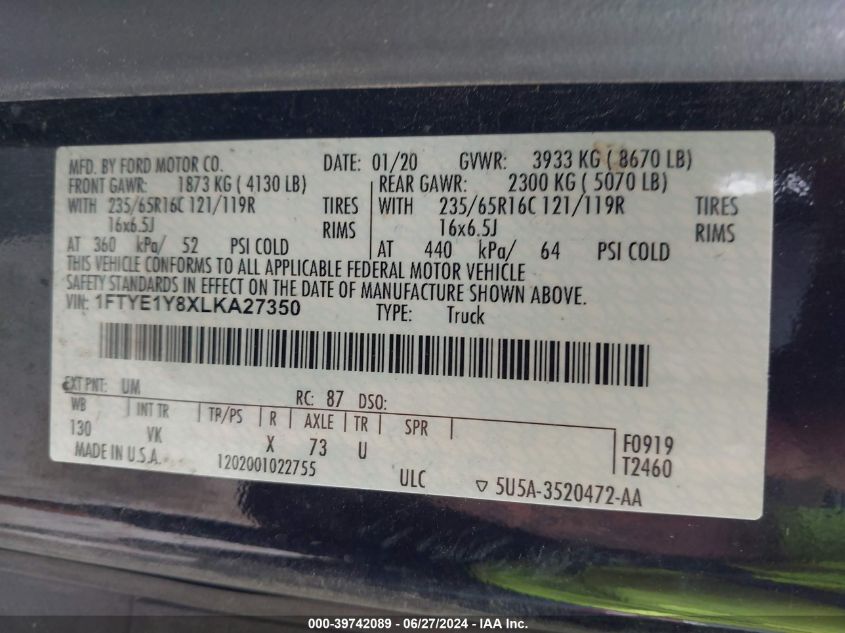 2020 Ford Transit-150 VIN: 1FTYE1Y8XLKA27350 Lot: 39742089