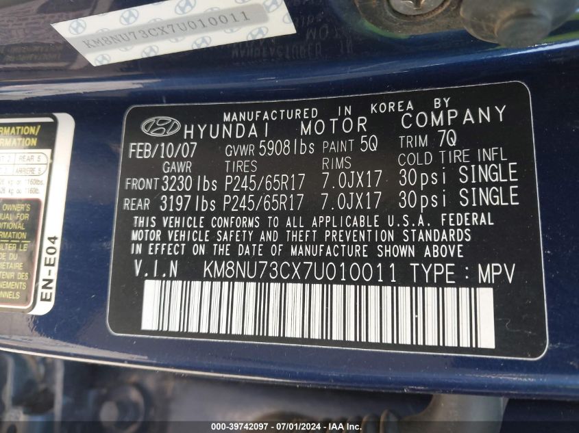 2007 Hyundai Veracruz Gls/Limited/Se VIN: KM8NU73CX7U010011 Lot: 39742097