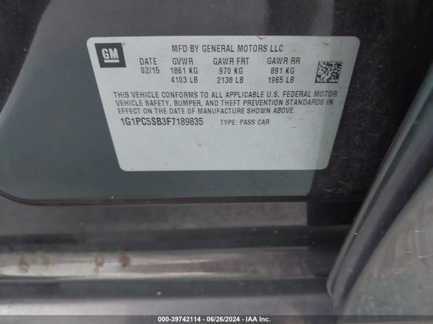 2015 Chevrolet Cruze Lt VIN: 1G1PC5SB3F7189835 Lot: 39742114
