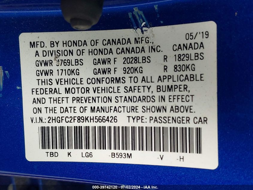 2019 Honda Civic Sport VIN: 2HGFC2F89KH566426 Lot: 39742120