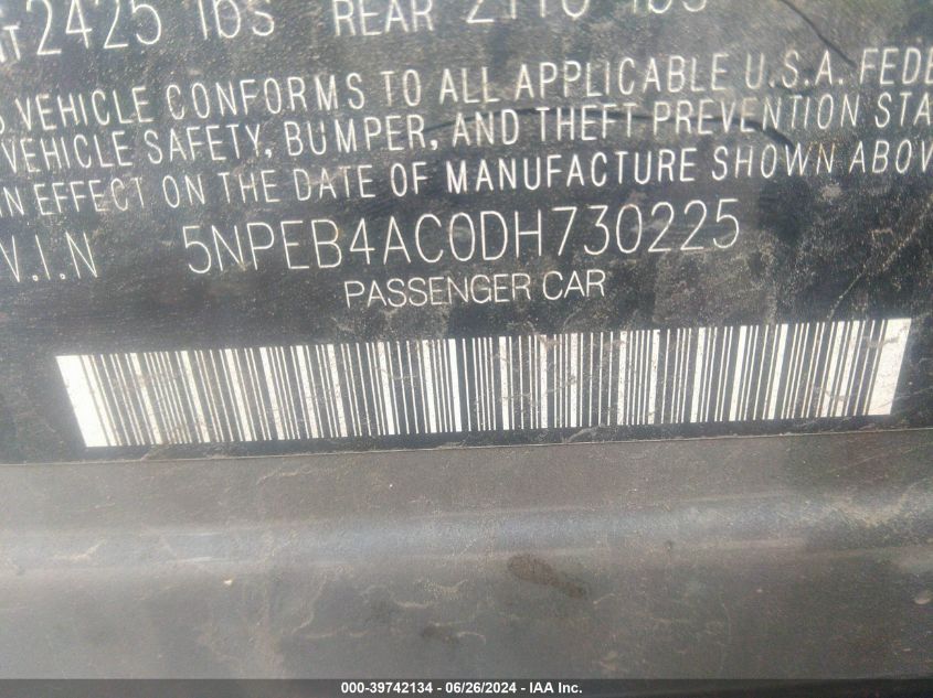 2013 Hyundai Sonata Gls VIN: 5NPEB4AC0DH730225 Lot: 39742134