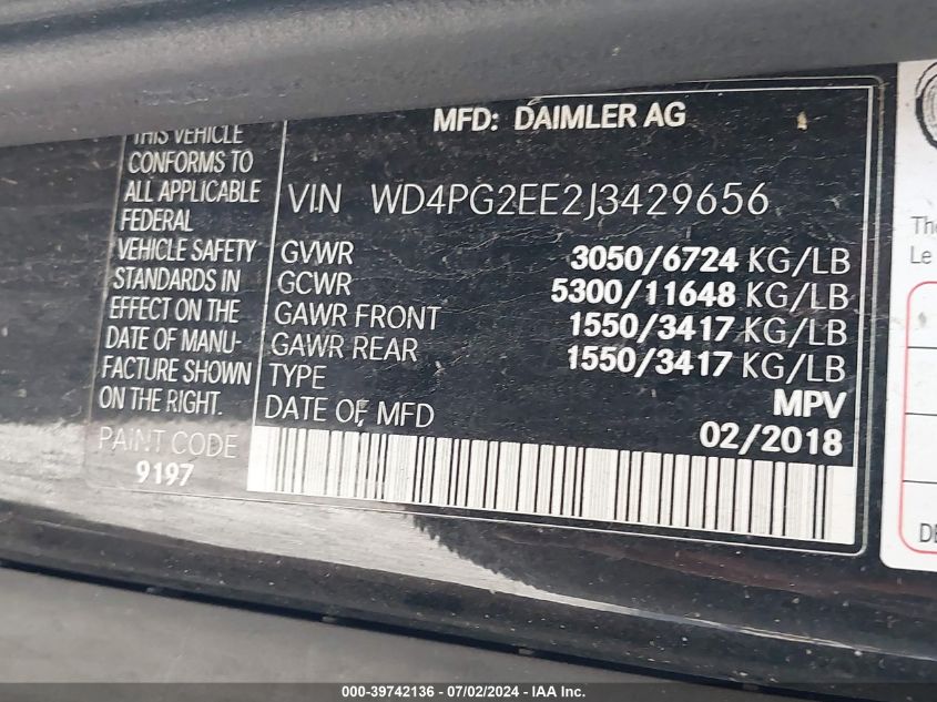 2018 MERCEDES-BENZ METRIS - WD4PG2EE2J3429656