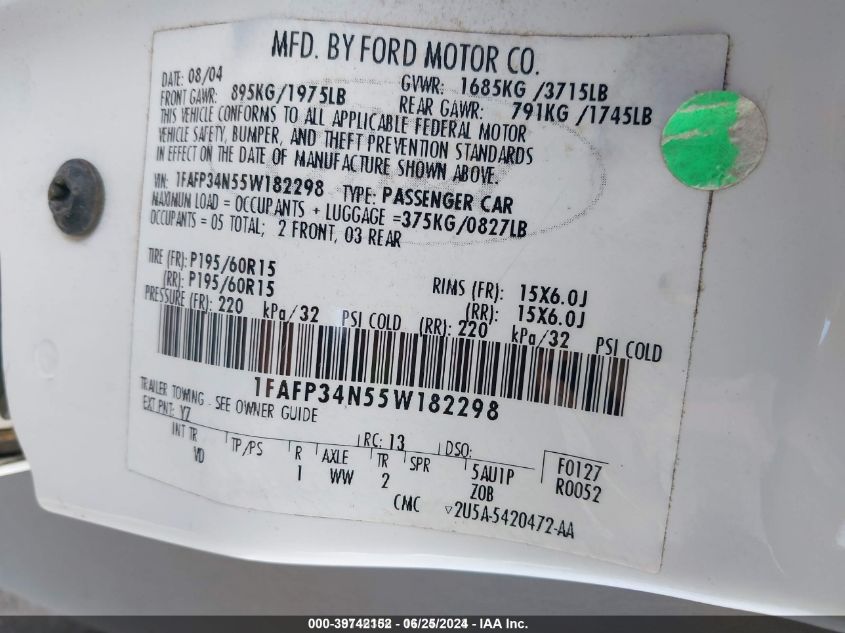 1FAFP34N55W182298 2005 Ford Focus Zx4