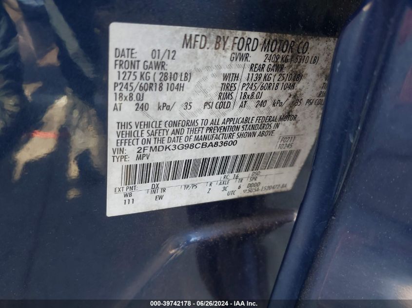 2012 Ford Edge Se VIN: 2FMDK3G98CBA83600 Lot: 39742178