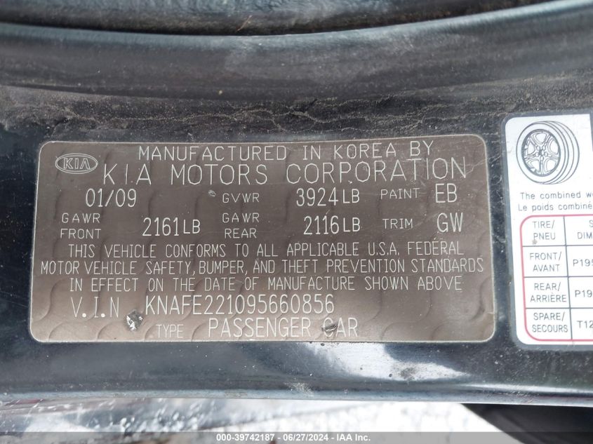 2009 Kia Spectra Ex VIN: KNAFE221095660856 Lot: 39742187