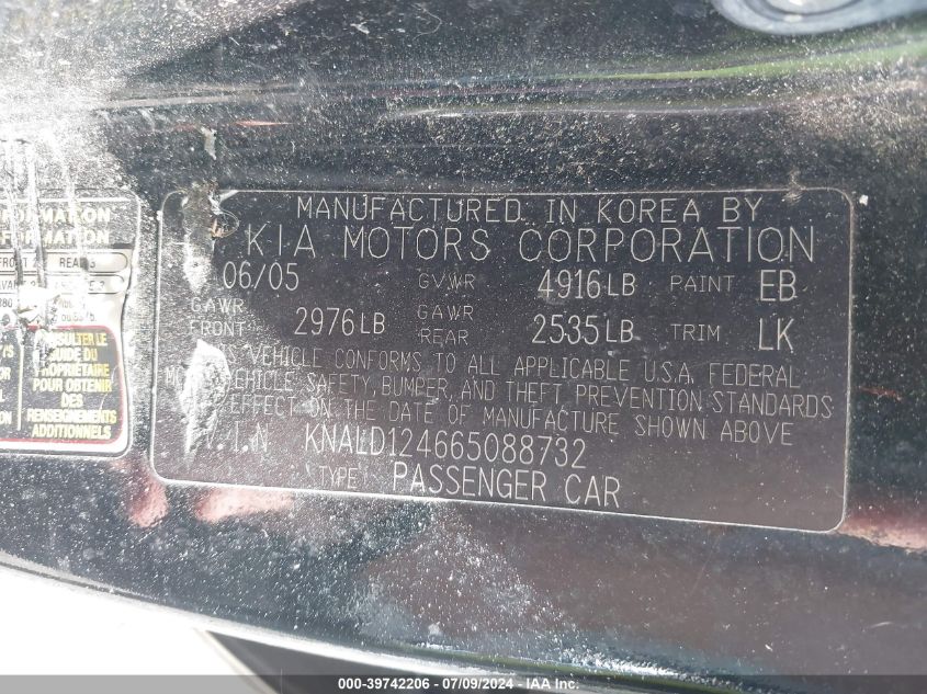 2006 Kia Amanti VIN: KNALD124665088732 Lot: 39742206