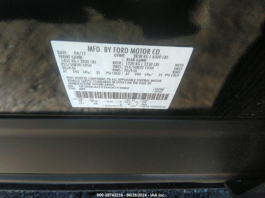 2017 Ford Explorer Sport VIN: 1FM5K8GT5HGC73982 Lot: 39742216