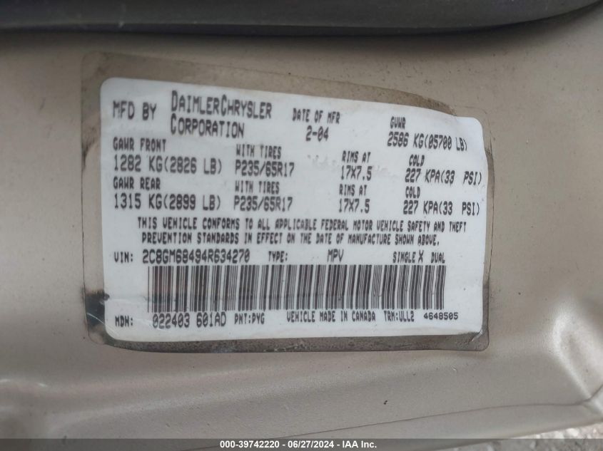 2004 Chrysler Pacifica VIN: 2C8GM68494R634270 Lot: 39742220