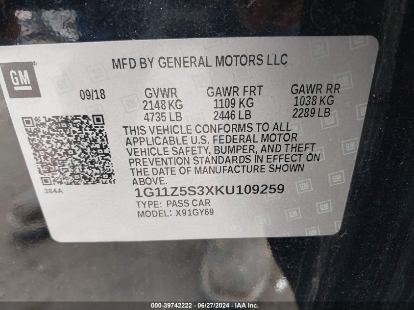 2019 Chevrolet Impala Lt VIN: 1G11Z5S3XKU109259 Lot: 39742222