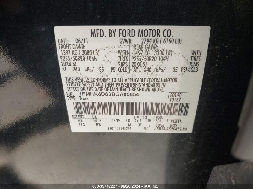 2011 Ford Explorer Xlt VIN: 1FMHK8D83BGA85854 Lot: 39742227