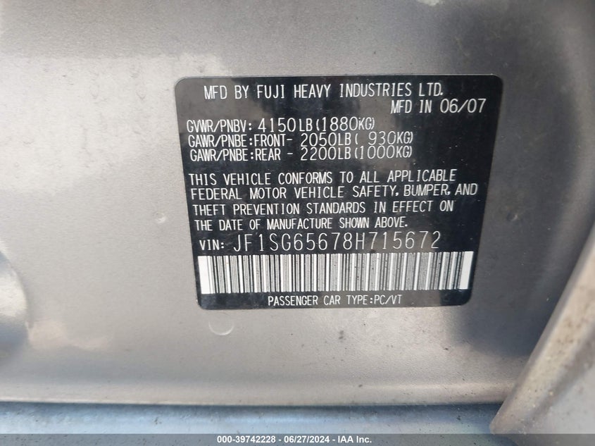 2008 Subaru Forester 2.5X VIN: JF1SG65678H715672 Lot: 39742228