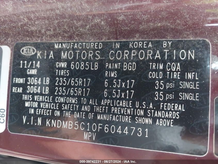 2015 Kia Sedona Lx VIN: KNDMB5C10F6044731 Lot: 39742231