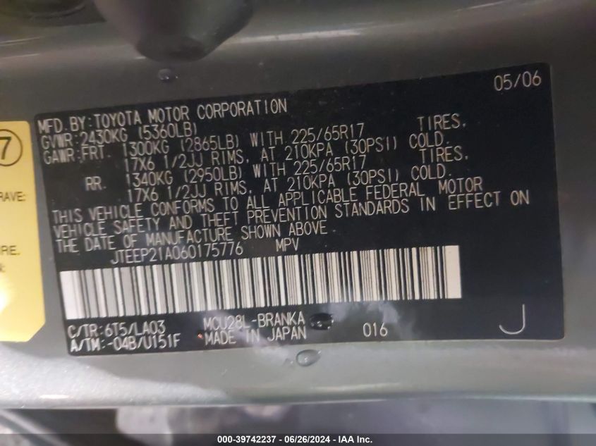 2006 Toyota Highlander Limited V6 VIN: JTEEP21A060175776 Lot: 39742237