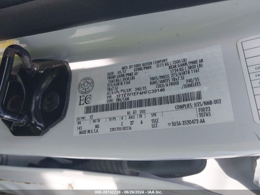 2017 Ford F-150 Xlt VIN: 1FTEW1EF4HFC39146 Lot: 39742239