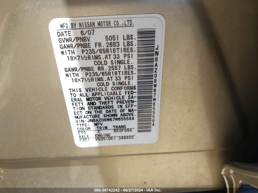 2007 Nissan Murano S VIN: JN8AZ08W67W655584 Lot: 39742242