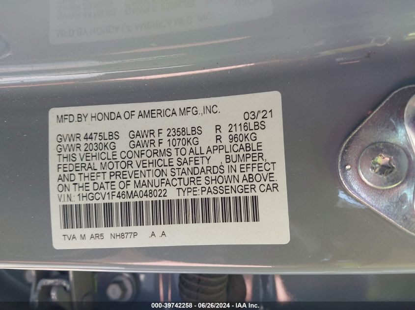 2021 Honda Accord Sport Se VIN: 1HGCV1F46MA048022 Lot: 39742258