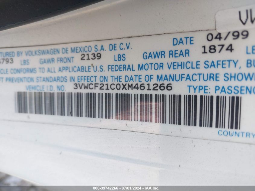 1999 Volkswagen New Beetle Gls Tdi VIN: 3VWCF21C0XM461266 Lot: 39742266