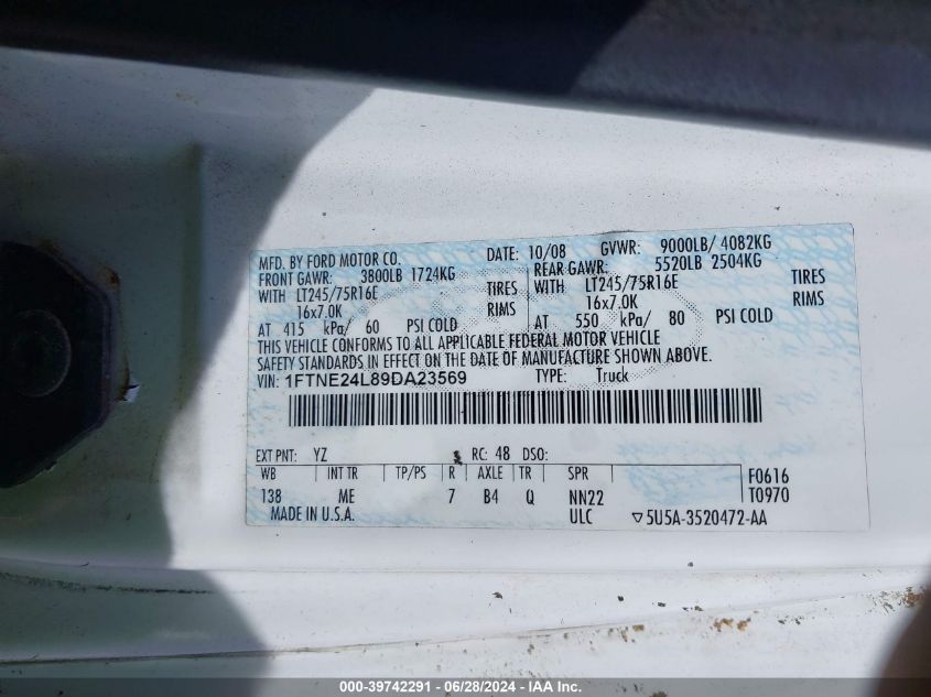 2009 Ford E-250 Commercial/Recreational VIN: 1FTNE24L89DA23569 Lot: 39742291