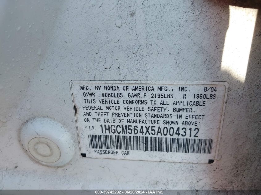 2005 Honda Accord 2.4 Lx VIN: 1HGCM564X5A004312 Lot: 39742292