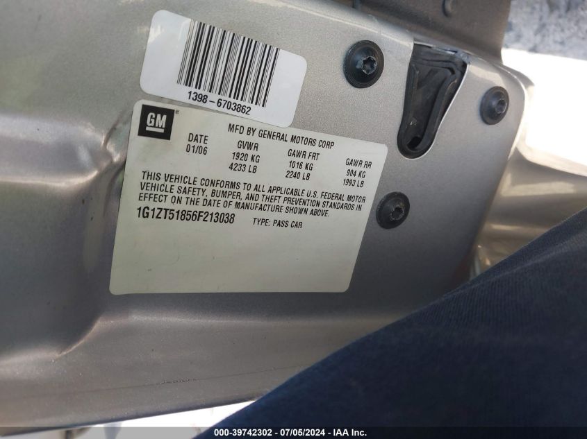 2006 Chevrolet Malibu Lt VIN: 1G1ZT51856F213038 Lot: 39742302