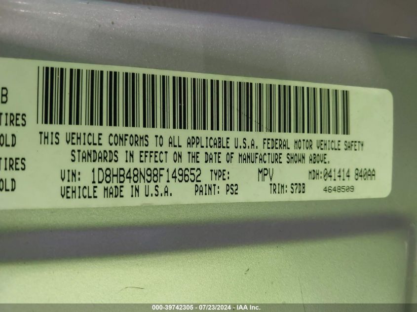 2008 Dodge Durango Slt VIN: 1D8HB48N98F149652 Lot: 39742305